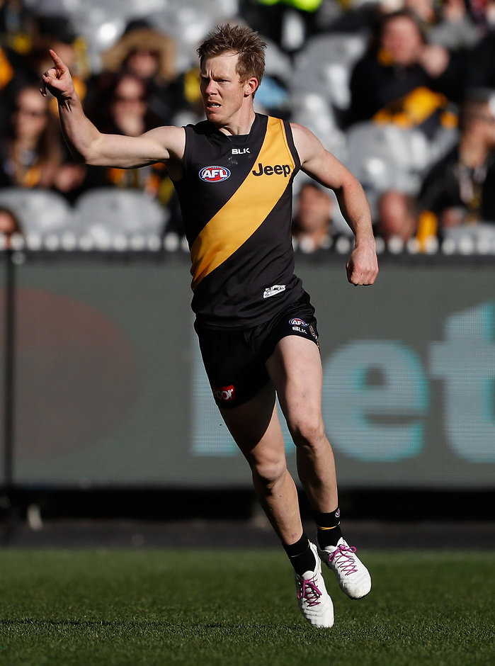 AFL 2016 Rd 22 - Richmond v St Kilda MELBOURNE, AUSTRALIA - AUGUST 20: Jack Riewoldt of the Tigers celebrates a goal during the 2016 AFL Round 22 match between the Richmond Tigers and the St Kilda Saints at the Melbourne Cricket Ground on August 20, 2016 in Melbourne, Australia. (Photo by Adam Trafford/AFL Media)